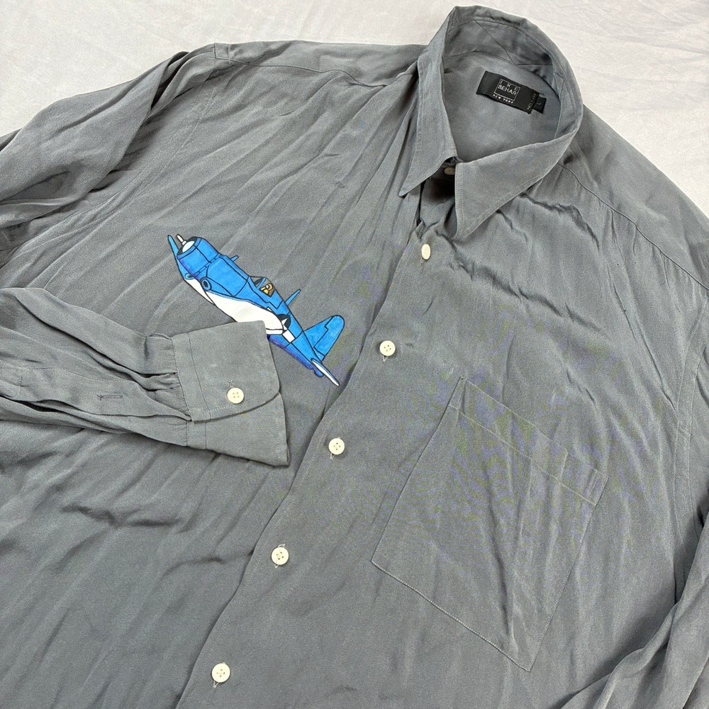Ike Behar VTG Silk Shirt Mens L Gray 100% Silk Graphic Button Up USA 90s